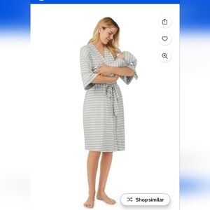 Mommy And Me Matching Gray and White Striped Nursing Robe And Baby Hat S/M
